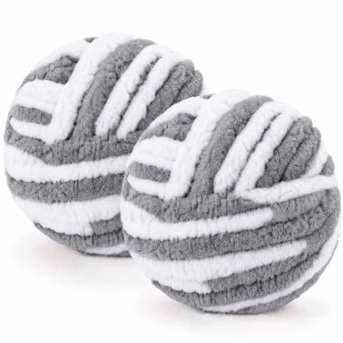 Chunky Yarn Wool 2×250g 54m, XXL Soft Fluffy Chunky Wool for Hand Knitting | 2CM Thick Jumbo Chunky Wool Balls Blanket Yarn for Scarves, Bags, Hats, Pillow, Cushion, DIY Crafts (Gray White)