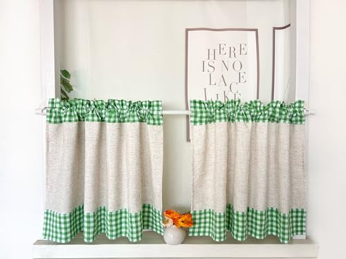 Daliena Scheibengardine 2er Set Kariert Kurzgardine BxH90x45cm Grün | Bistrogardine Leinenoptik, Küchengardine Landhausstil Gardine Retro Vintage, Fertige Kleinfenster Gardinen 2 Stück