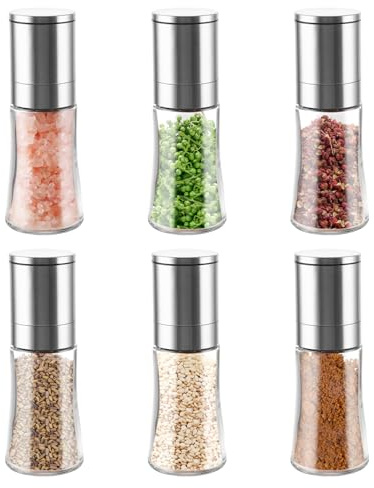 YAYODS 6er Set Salz und Pfeffermühle - 100ml Gewürzmühlen mit Keramikmahlwerk mit Edelstahl-Deckel - Salzmühle 5-stufig einstellbarer Mahlgrad - Kompakte Gewürzstreuer für BBQ, Küche & Esstisch