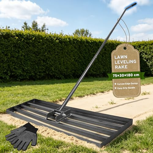 COZCLAM Rastrillo nivelador de césped, 75 x 30 cm, nivelador de césped con mango curvado de 180 cm, herramienta de nivelación de tierra y arena para césped, tierra vegetal, compost, fertilizante