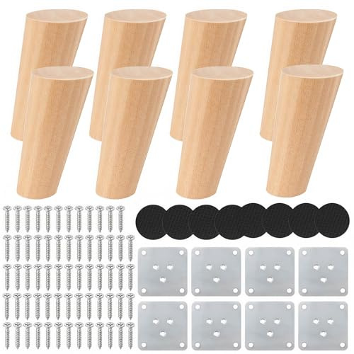 Kozdtiz Möbelfüße Holz, 8 Stück Möbelfüße Holz Eiche, 8 cm Mit montageplatten und Schrauben, Massivholz Holzbeine für Möbel für Sofa, Kommode, Schrank, Couchtisch Schräger Fuß