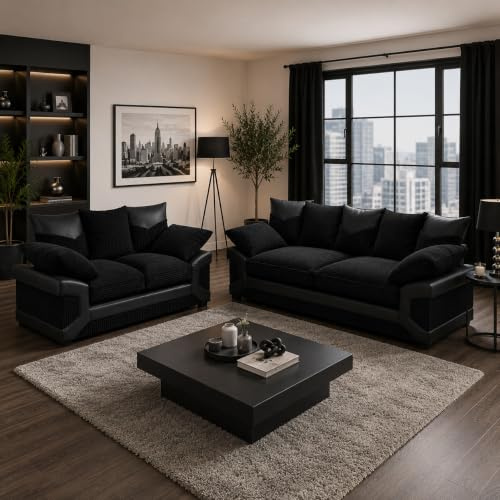 FWC | Dino Jumbo Cord with Leather Fabric Sofa Collection - 3+2 Set | Black Jumbo Cord with Black Leather Accents
