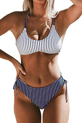 CUPSHE Women's Bikini Set Back Braided Straps Lace Up Bikini Reversible Bottom Two Piece Swimwear Bathing Suits Navy White M