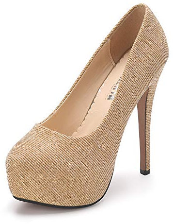 OCHENTA Women's Round Toe Stiletto High Heel Platform Slip On Pumps Glitter Gold Asian Size 41 - UK B(M) 7.5