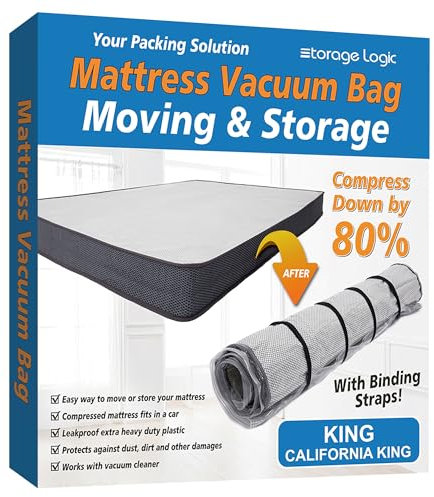 Cal-King Foam Mattress Vacuum Storage Bag - Compress Mattress by 80%, Leakproof & Sealable - Includes Straps