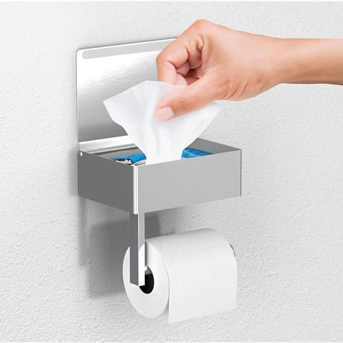 Day Moon™ Toilettenpapierhalter mit Ablage-Box und Deckel für Feuchttücher-Aufbewahrung - für Bad & WC - hängend an Wand mit Edelstahl-Wandhalterung - Nickel, gebürstet Klein