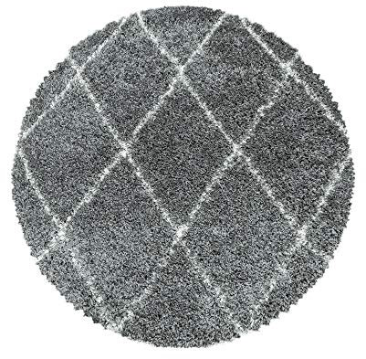 Carpetsale24 Runder Hochflor Teppich 120 cm, Skandinavischer Stil, Grau, Flauschig & Weich, Shaggy Langflor Teppich mit Rautenmuster für Wohnzimmer