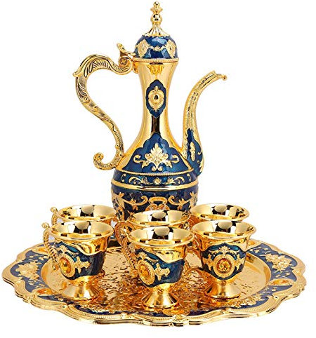 Set di Pentole da Caffè Vintage Turco in Metallo con Vassoio e 6 Teiere per Camera da Letto, Soggiorno, Tavolo da Pranzo(Blu)