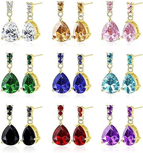 LOLIAS 9 Paar Wassertropfen Zirkon Ohrhänger Multicolor Edelstahl Tropfen Ohrhänger für Damen Mode Elegant Ohrstecker Silber/Gold