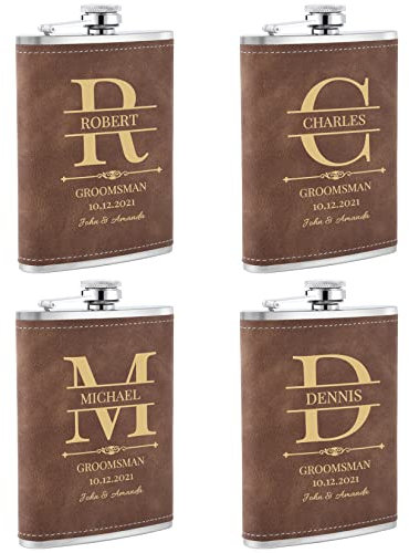 Flachmann mit Gravur, 4 Stück Personalisierte Flachmänner mit Eigenem Text für Trauzeugen Geschenk, Personalisierte Geschenke für Junggesellenabschied und Hochzeit (Braun)