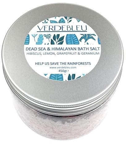 Verdebleu - 100% Natural Himalaya and Dead Sea Bath Salts - Hibiscus, Citrus, Geranium. Detox, Soothe, Relax, Soften. We Donate 5% of Profit to Help Save Rainforests. 450g