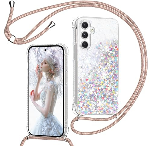 TUUTPU Coque pour Samsung Galaxy S23 FE avec Cordon, Paillette Liquide Étui pour Téléphone avec Lanière, Transparent Silicone Collier Réglable Protection Housse Portable Lanyard Case, Or Rose