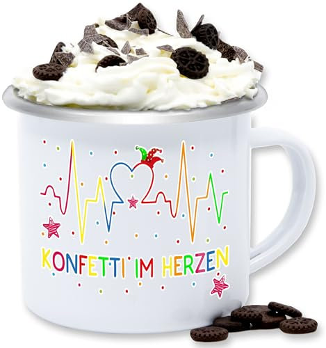 Emaille Tasse Blechtasse - & Fasching - Tassen - Konfetti im Herzen Herzschlag I Köln Karneval - 300 ml - Weiß Silber - fasching- regenbogenfarben carnevale für alle karnevals konfetti+im+herzen
