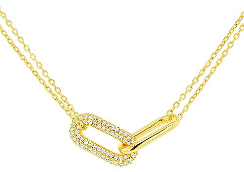 Tuscany Silver Women's Sterling Silver Yellow Gold Plated 28mm x 8.5mm Paper Link With CZ Necklace 41cm/16'-46cm/18'