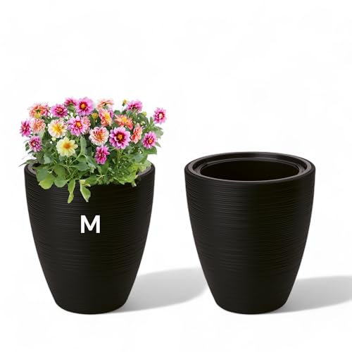 Pot de fleurs - Bac à fleurs - Avec insert amovible - Rayures rondes et horizontales - Noir - Taille M - 32 cm