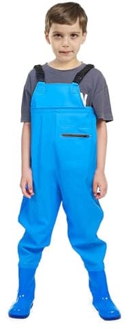 VicBre Kinder-Wathose für Jungen und Mädchen, Reißverschlusstasche,Verstellbare Träger,Rückenschnalle Design,Wasserdichte Regenhose mit Stiefeln, Wathose für Jugendliche,Blau,35