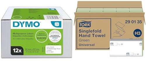 DYMO Original LabelWriter Mehrzwecketiketten | 32 mm x 57 mm & Tork grüne Zickzack Papierhandtücher Universal 290135 - H3 Falthandtücher für Papierhandtuchspender - 1-lagig, grün - 20 x 200 Tücher