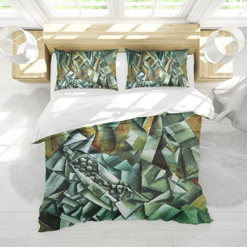 DINGSION Pablo Picasso Style Bettwäsche Set 3 Stück Stillleben mit Likörflasche Gewaschene Schlafzimmerbettwäsche Set mit 2 Kissen Shams Reißverschluss 4 Krawatten 260 x 240 cm