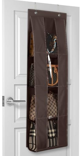 Lirex Purse Organizer, Over Door Handbag Organizer Hanging Purse Hanger with 4 Clear Pockets Foldable Scarf Umbrella Handbag Hanging Storage for Family Closet Bedroom, Universal Fit, Dark Brown