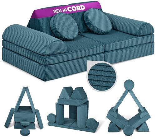 Linodino® Spielsofa Cord Fantasiewelt, Kindersofa-Bausteine - Kreative Stapelsteine für Kinder - Kindercouch, Sofa-Kuschelecke im Kinderzimmer | Schaumstoff-Softbausteine [Tannengrün]