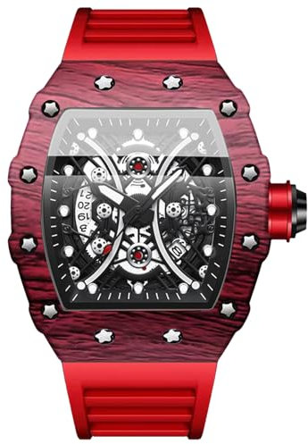 OIDEA Herren Silikon Armbanduhr Tonneau: Rot Armband Herrenuhr Analog Quarz Uhr Kalender mit großem Zahnrad Zifferblatt Sport Uhren Geschenk für Männer Freund