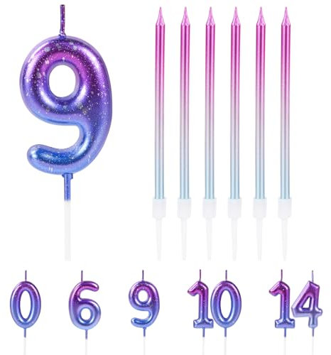 URAQT Geburtstagskerzen Zahlen, Geburtstag Zahl Kerzen, Lange violetter Farbverlauf Geburtstagskerzen, Tortendeko kerze Kuchendeko geburtstagskerze 9