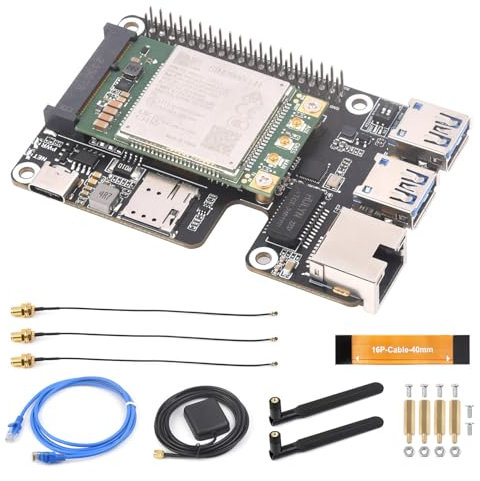 Waveshare PCIe to MiniPCIe/Gigabit Ethernet/USB 3.2 Gen1 HAT+ Compatible with Raspberry Pi 5, Supports Multiple OS and MiniPCIe Interface 4G Module (with SIM7600G-H-PCIE),High-Speed Networking