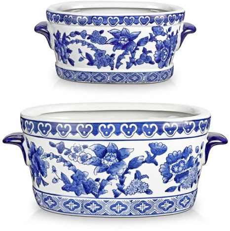 Blue and White Ceramic Planter Pot – Vintage Floral Oval Cachepot Vase for Indoor Plants, Flowers & Succulents – Glazed Chinese Porcelain Style Decorative Bowl – 7.4 or 10.6 Size – No Drainage