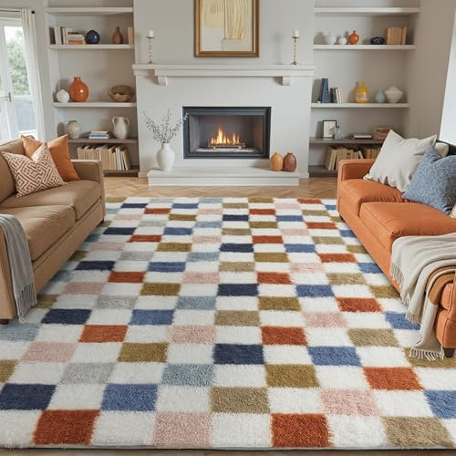 HUGEAR Teppich Kariert Hochflor Teppich Wohnzimmer 240X300cm Teppich Bunt Schlafzimmer Rutschfester Kinderteppich Flauschig Weicher und GemüTlicher Carpet Living Room Kinder Teppich Mädchen Jungs