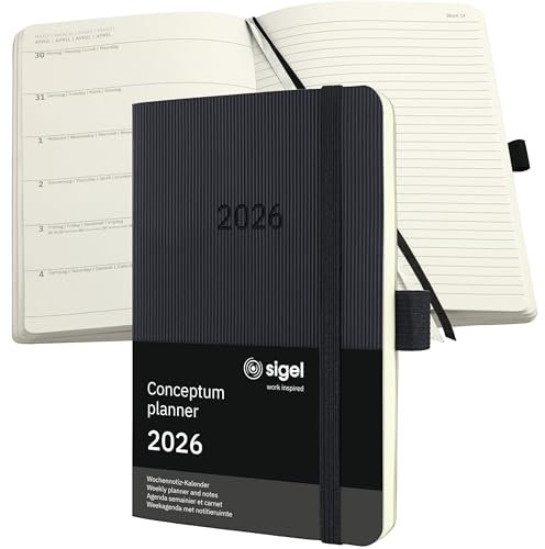 SIGEL C2625 Terminplaner Wochennotiz-Kalender 2026, ca. A6, schwarz, Softcover, 176 Seiten, Gummiband, Stiftschlaufe, Archivtasche, aus nachhaltigem Papier, Kalenderbuch Conceptum