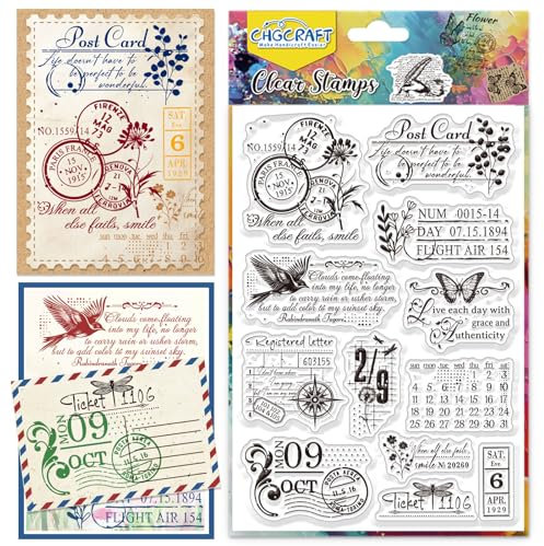 CHGCRAFT Vintage Collagen Clear Stempel Plant Transparent Stempel Letter Silicone Clear Stamp Seals für DIY Scrapbooking Fotoalbum Dekoration, 4.3x6.3 Zoll