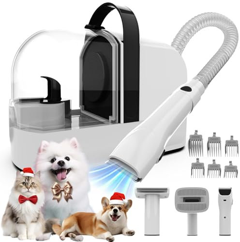 AIRROBO PG10 Tondeuse pour Chien avec Aspirateur à Poils d’Animaux, Silencieuse Aspirateur de Chat avec Outils de Soins, 1,4 L Réservoir à Poussière