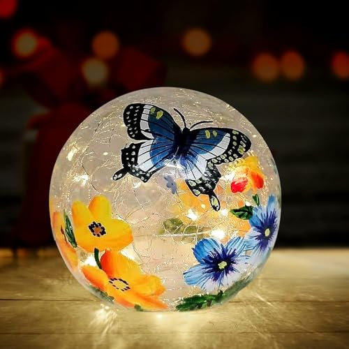 BERSCAH Glaskugellicht mit Schmetterlings-Blumenmuster, LED-Nachtlicht für den Innenbereich, Tischlampe, Dekorative Kugellampe für Inneneinrichtung, Weihnachten, Geburtstag, Hochzeit, Geschenk