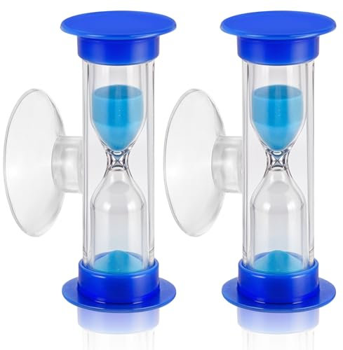 2 Stück Sanduhr Zahnputzuhr Kinder Sanduhr 2 Minuten mit Saugnapf Mini Sanduhren Set für Kinder Spiele Lernen Zähneputzen Wettkampf Zeitmessung (Blau)