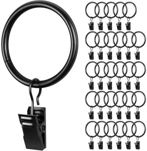 Paquete de 30 anillos resistentes para barra de cortina y ganchos, diametro interno 38 mm, para postes y duchas, acabado negro, anillos duraderos