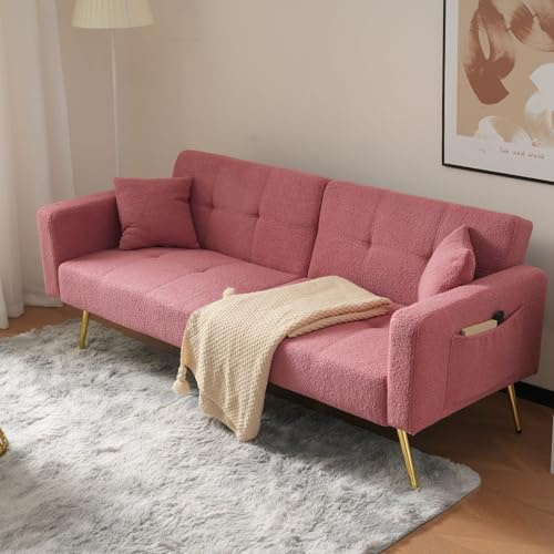 Rvjiahe Schlafsofa mit Bettfunktion, verstellbarem Winkel, goldenen Beinen, mit Kissen und seitlichen Aufbewahrungstaschen (Pink)