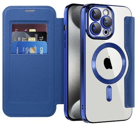 SIYOPINPFY Wallet Case for iPhone 15 Pro Max, Card Holder, Navy Blue JD | [Compatible with MagSafe] [RFID Blocking] Premium Flip Leather Card Slots Holder , Magnetic Clear Back Shockproof Phone Case