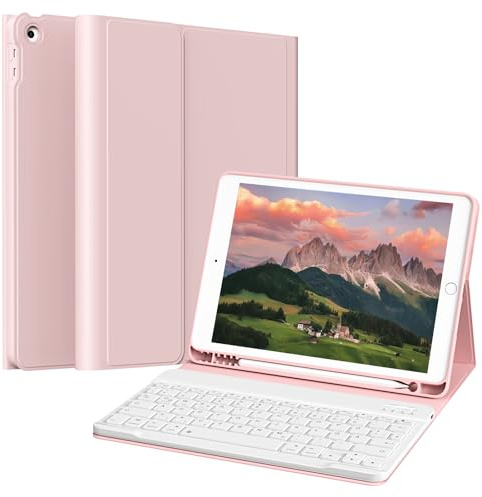 KTGGHG Bluetooth Keyboard Case for iPad 9/8/7th generation 10.2 Inch, Pink | Wireless Bluetooth Keyboard Case with Pencil Holder, Shockproof & Soft TPU Back Cover for iPad 9th/8th/7th, UK Layout