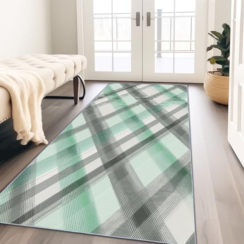 Generisch Teppich Läufer Flur Mintgrün Waschbare rutschfest Lange 80 x 300 cm, Minimalistisch Elegant Kariert Muster Verblassen Nicht, Erhältlich Anpassbar Küchenteppich Flurteppich