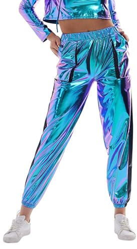 Glitzer Hose Damen Silber Metallic Partyhose Holographische Farbe Streetwear Glänzend Hip-Hop Jogginghose Mode Shiny Elastischer Bund Hosen 70er 80er Disco Outfit Nachtclub Clubwear Karneval Kostüm