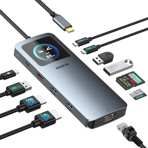 LCD Docking Station Dual Monitor, MOKiN 12 in 1 Laptop Dock für 2 HDMI | Smart Display, 8K@30Hz, PD 100W Laden, Ethernet, 5x 10Gbps USBA/C 3.1, SD/microSD, Laptop Dockingstation für HP/Dell/Lenovo
