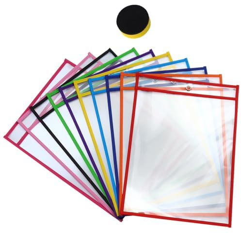 INOOMP 11pcs Reusable Document Pouches Dry Erase File Pockets Pet Material Easy to Wipe Ink Assorted Colour Stationery Supplies for Worksheets