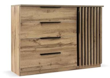 Masseno Kommode ZENO 125 cm Sideboard mit 4 Schubladen und 1 Türen für Wohnzimmer Schlafzimmer Modern 125x44x89 cm Eiche Wotan/Eiche Wotan