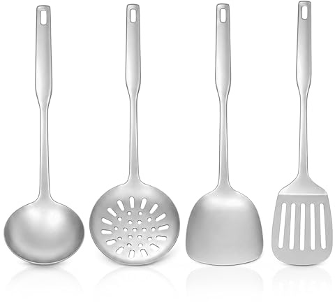 Onader 4Pcs Kitchen Utensils Set, Stainless Steel Cooking Utensil Sets | Metal Kitchen Gadgets Include Turners, Skimmer and Ladle, Healthy & Heavy-duty, Heat Resistant, Easy Clean & Dishwasher Safe