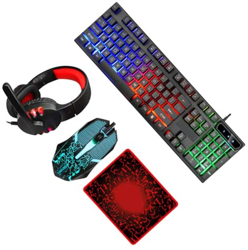 POPETPOP Wired Keyboard Mouse Combo Ergonomic Mouse with 104 Keys and 4 Buttons, High Performance Abs Material, USB 2.0 and 3.5mm Connection for Office and Gaming Use