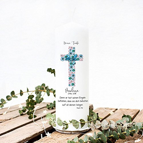 Taufkerze Kerze zur Taufe oder Geburt Kommunionkerze Kreuz hellblau mit Blumen Spruch Wunschname & Datum wk39 ilka parey wandtattoo-welt®