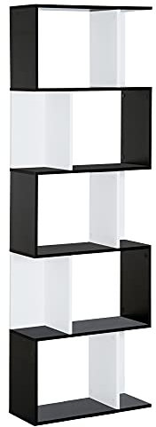 HOMCOM Scaffale Libreria a 5 Ripiani Suddivisi, Libreria Salvaspazio a Forma di S in Legno, Scaffale Divisorio per Soggiorno, Camera da Letto e Ufficio, 60x24x184.5 cm, Nero e Bianco