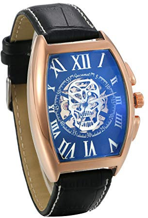 JewelryWe Herrenuhr Analog Automatik Uhr Automatische Mechanische Leder Band Totenkopf Schädel Skelett Armbanduhr Automatikuhr mit Rechteckig Römischen Ziffern Zifferblatt, Rosegold