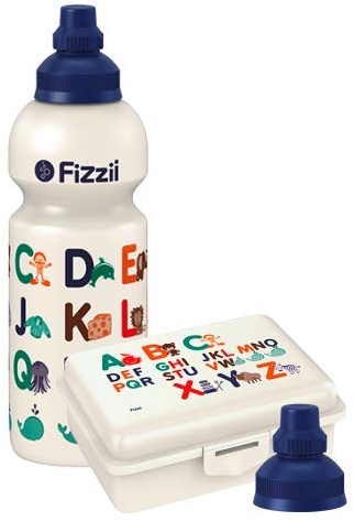 Fizzii Set Trinkflasche 600ml + Lunchbox inkl. Obst-/ Gemüsefach (schadstofffrei, spülmaschinenfest, Motiv: ABC)