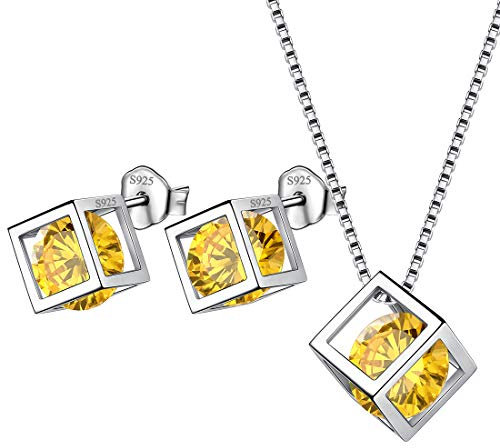 Aurora Tears November Birthstone Halskette Ohrstecker 925 Sterling Silber Gelb Citrin Square Birth Stone Schmuck Set für Frauen und Mädchen DS0028N